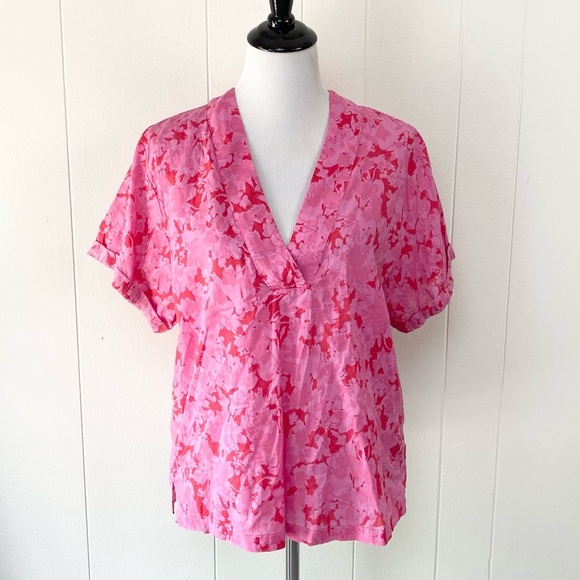 Karlie Rolled Sleeve V Neck Cotton Tropical Lightweight Blouse Size Medium Pink - Picture 1 of 13
